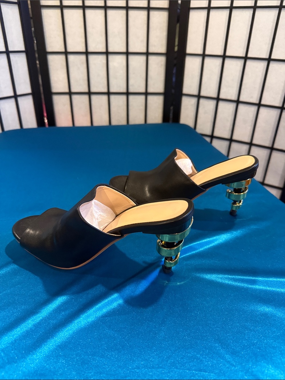 Black Leather Slip-On Mule Heels with Sculpted Metallic Accent